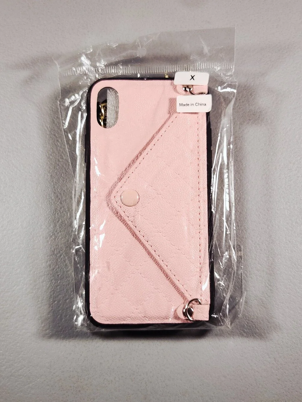 Pink Pebbled Leather iPhone X Case Crossbody Wallet Chain Envelope Card Slot